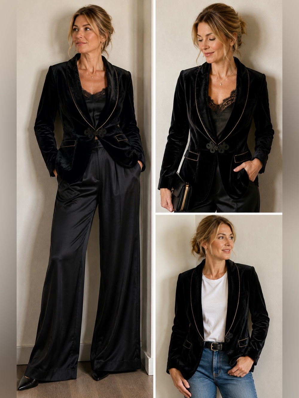 Black Velvet Blazer Gold Trim Frog Closure Shawl Collar Unisex S Party